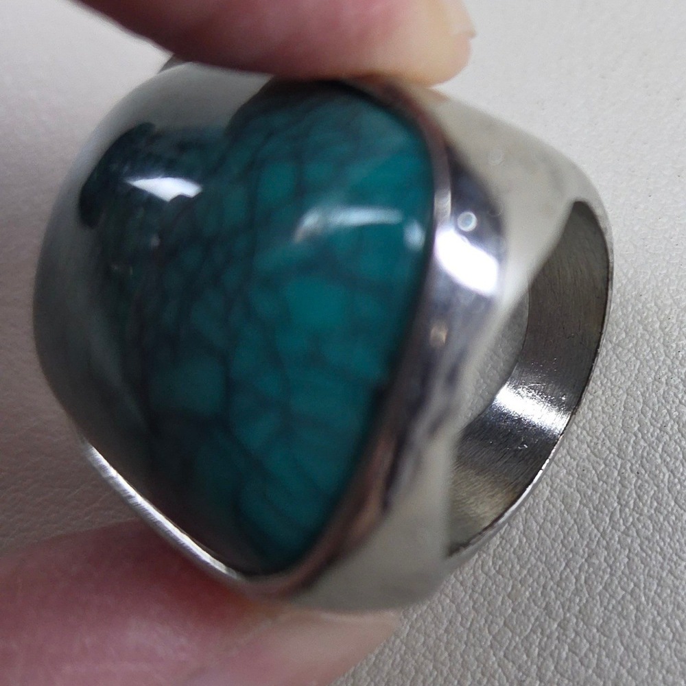 Boho Statement Ring Faux Turquoise Silver Tone Chunky Band Southwestern Size 8.5 - Picture 8 of 8